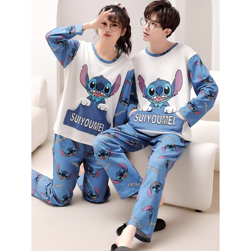 Cartoon Disney couple pajamas men's/women's pure cotton Stitch autumn two-piece set Stitch women and man pajamas home wear