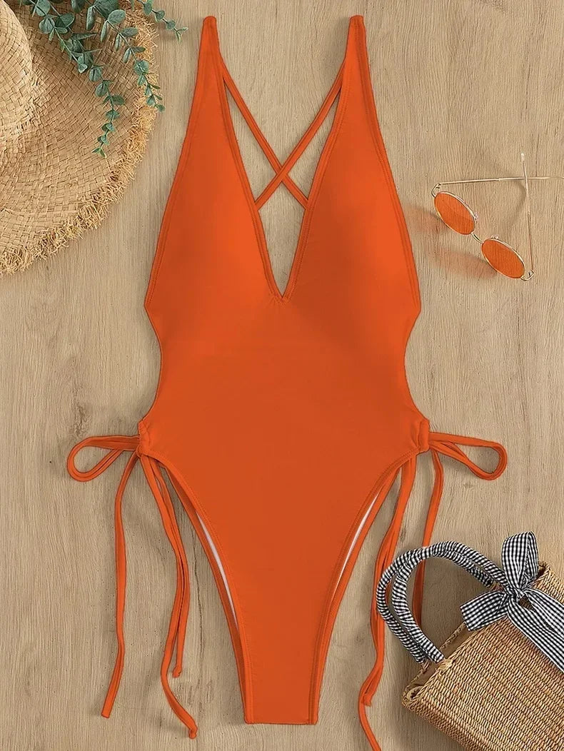 Fashion Swimwear Pool &  Beach Bandage Bathing Deep V Neck One Piece Women Swimsuit