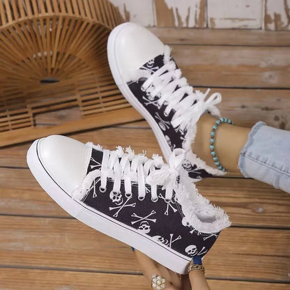 Floral Skull Canvas Shoes 2025 Spring Autumn Women Large Size Flat Sneakers