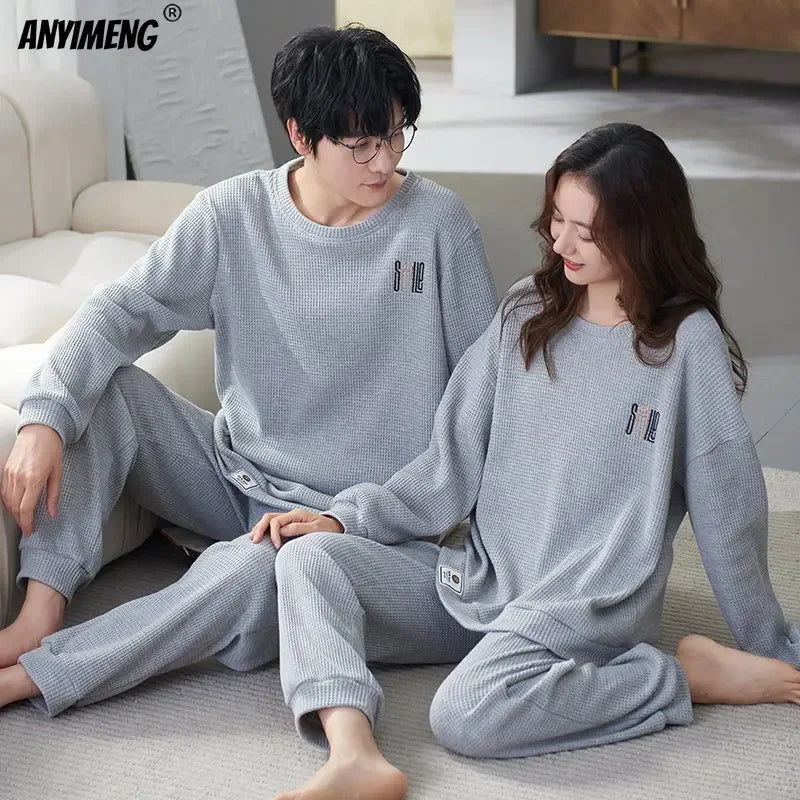 New couple Autumn Winter Waffle Cotton Long Sleeve Women Pajamas Set Print Pijamas Lover Round Neck Plaid Pants Sleepwear