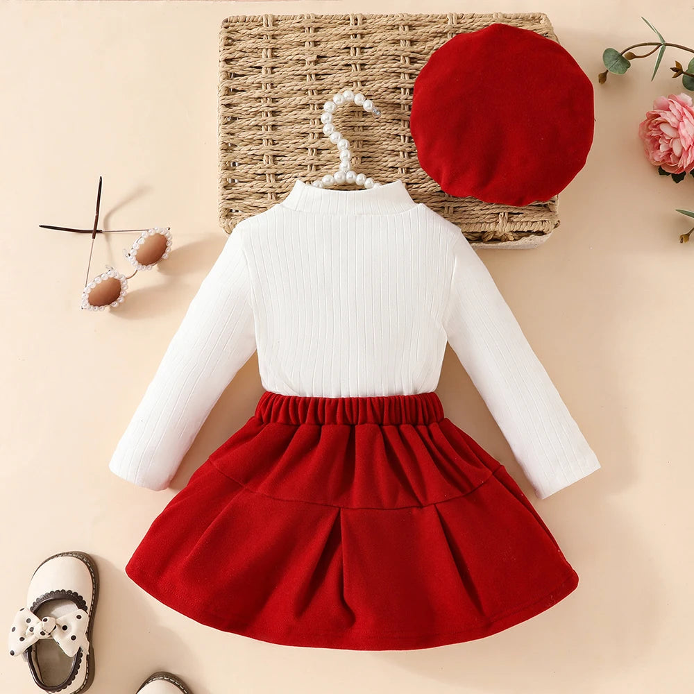 Baby Girls' New Year 2025 Clothing Set for 0-3 Years: Includes a Long-Sleeve Top with a Large Bow, an Irregular Skirt, and a Beret - 3-Piece Toddler Christmas Outfit.