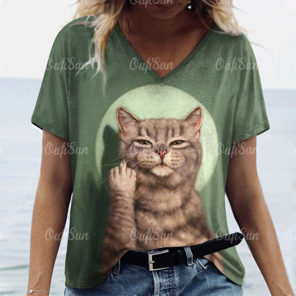 teen and young mom lovely cat T. shirt Cat Print Casual Short Sleeve Crew Neck  Female Oversized Clothing