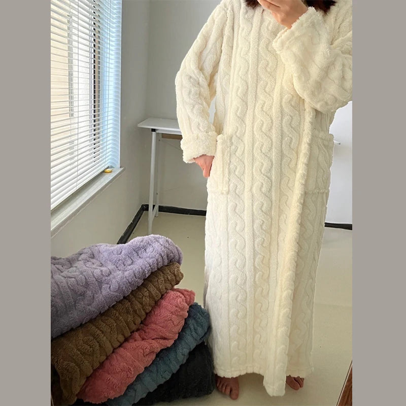 Women Winter Thicken Night Dress Soft Coral Velvet Long Sleeve  Sleepwear Home wear