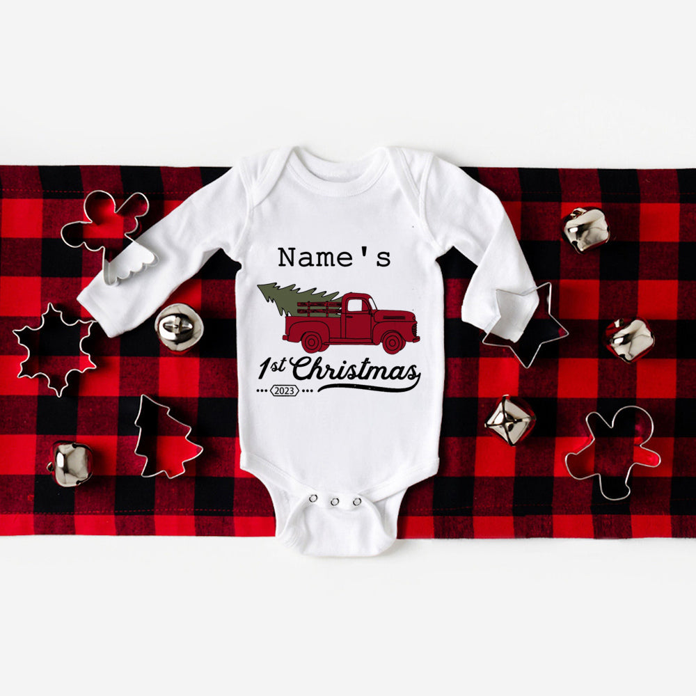 Personalized Baby's First Christmas Bodysuits, Custom Name Newborn Jumpsuit for Boys and Girls, Long Sleeve Xmas Party Clothes for Infants