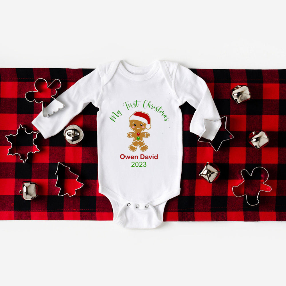 Personalized Baby's First Christmas Bodysuits, Custom Name Newborn Jumpsuit for Boys and Girls, Long Sleeve Xmas Party Clothes for Infants