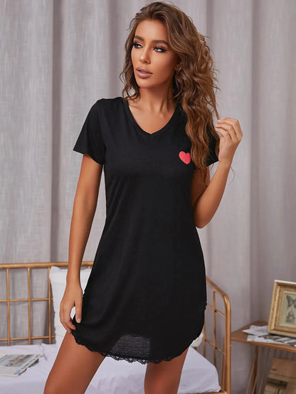 Women's Summer Sleepwear: A V-neck nightdress featuring a lace hem and short sleeves.