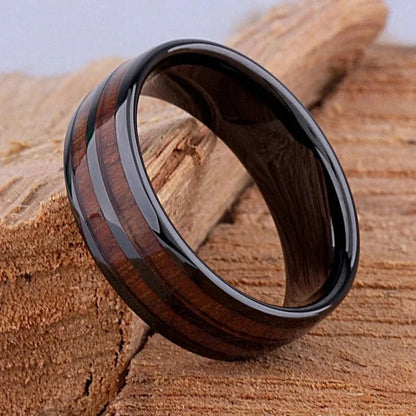 Fashion Men Titanium Steel Koa Wood Rings For Men Women Dome Polished Stainless Steel Rings Men Wedding