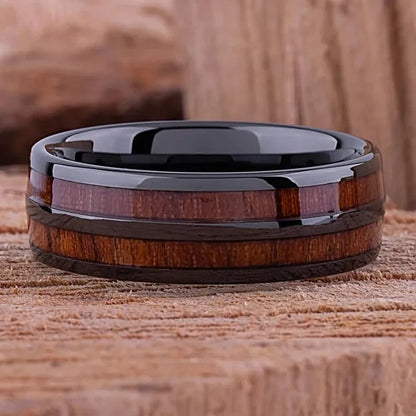 Fashion Men Titanium Steel Koa Wood Rings For Men Women Dome Polished Stainless Steel Rings Men Wedding