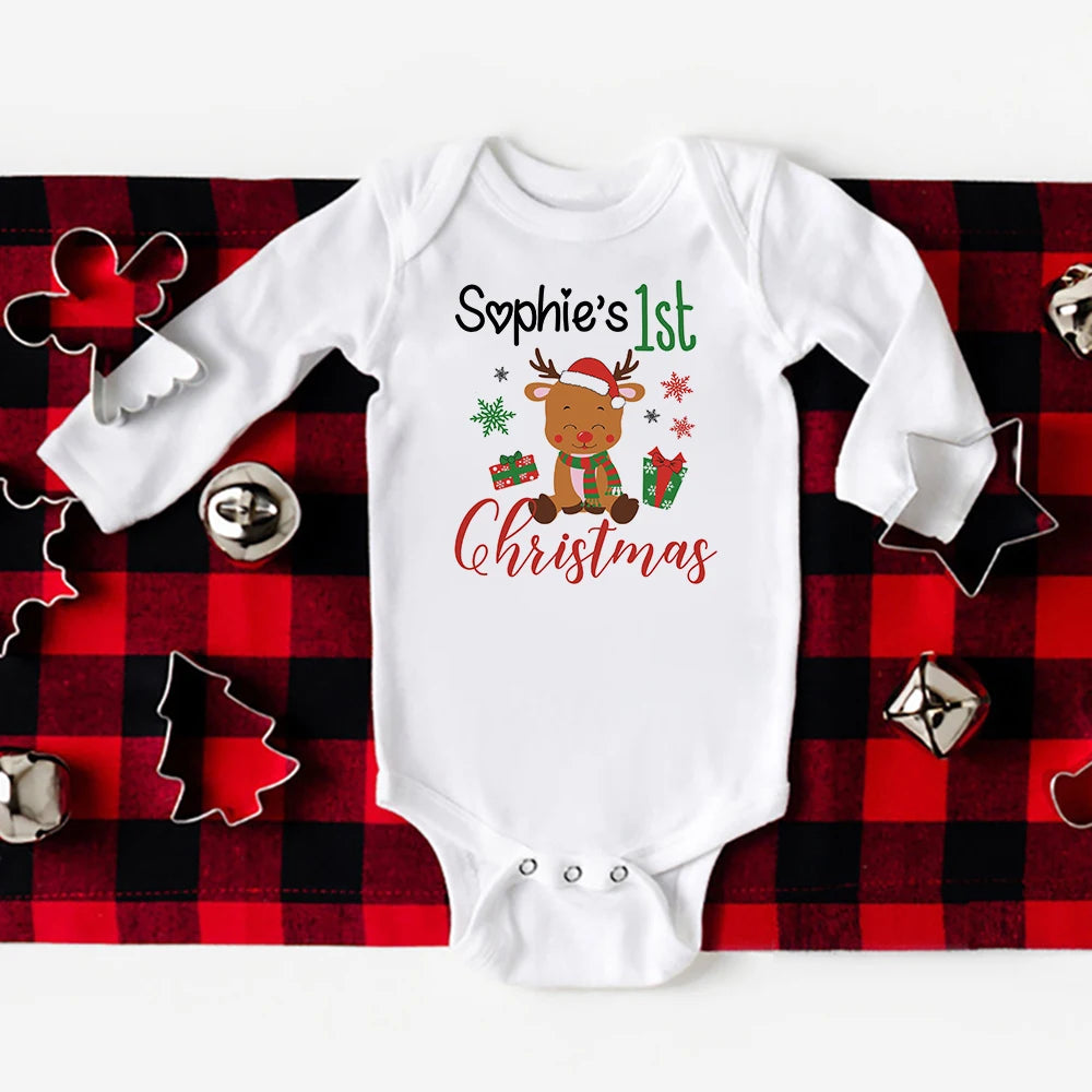 Personalized Baby's First Christmas Bodysuits, Custom Name Newborn Jumpsuit for Boys and Girls, Long Sleeve Xmas Party Clothes for Infants