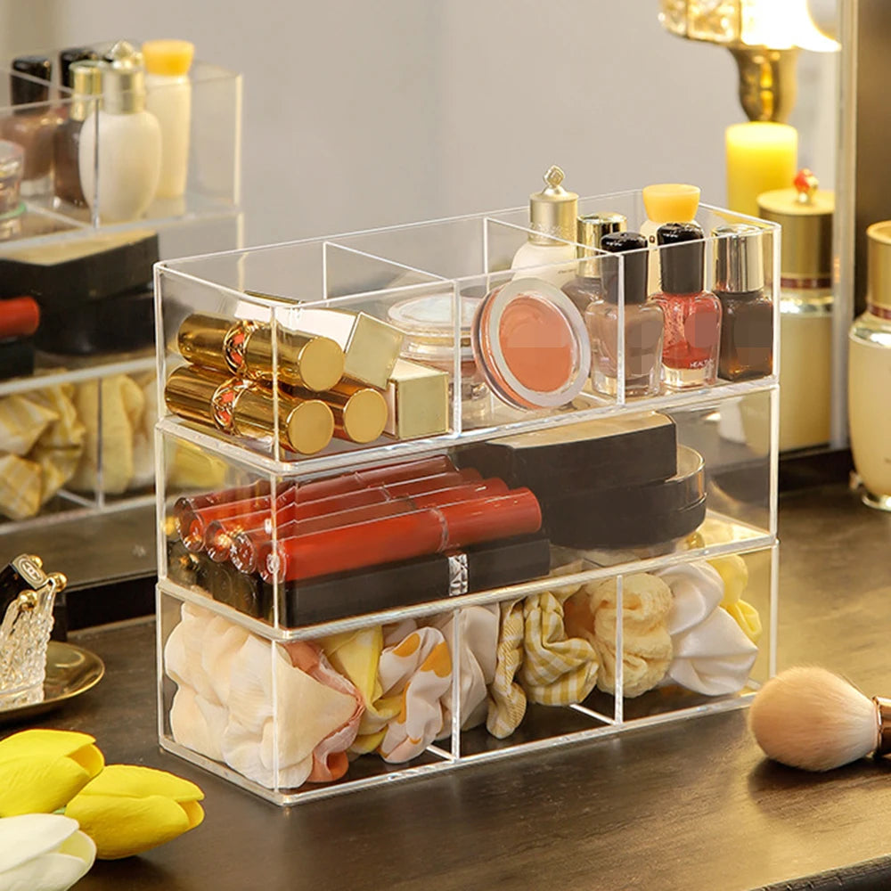 Clear Acrylic Makeup Layered Storage Box Dressing Table Cosmetic Lipstick Finishing Grid Box