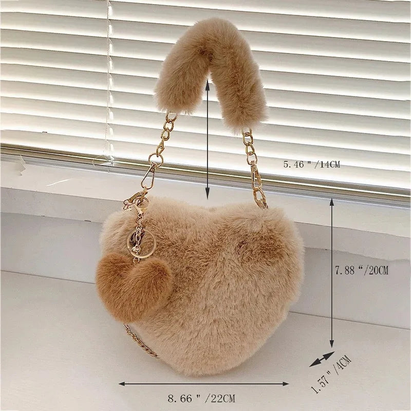 Faux Fur Heart-shaped Women Small Handbags Fluffy Plush Ladies Chain