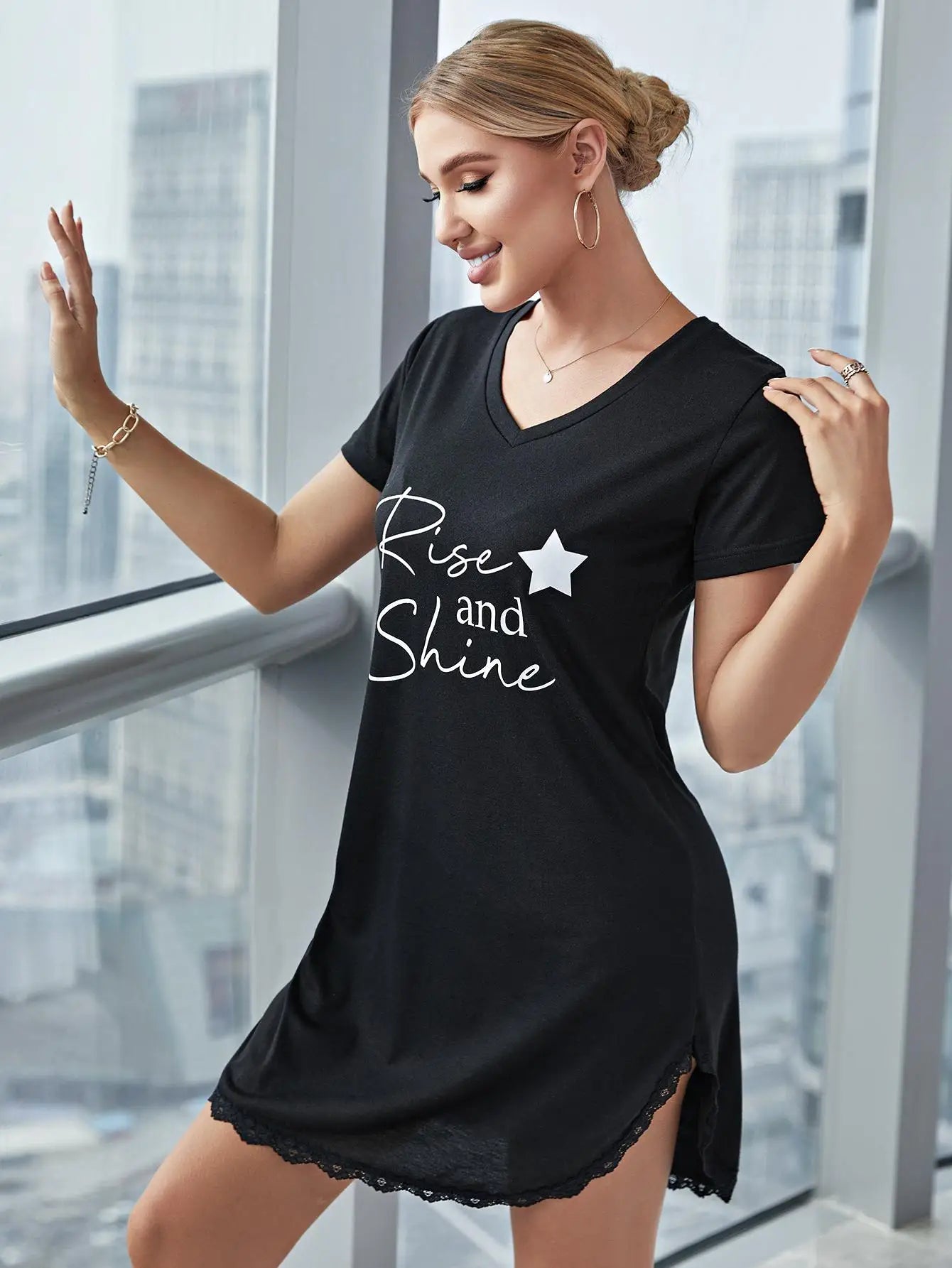 Women's Summer Sleepwear: A V-neck nightdress featuring a lace hem and short sleeves.