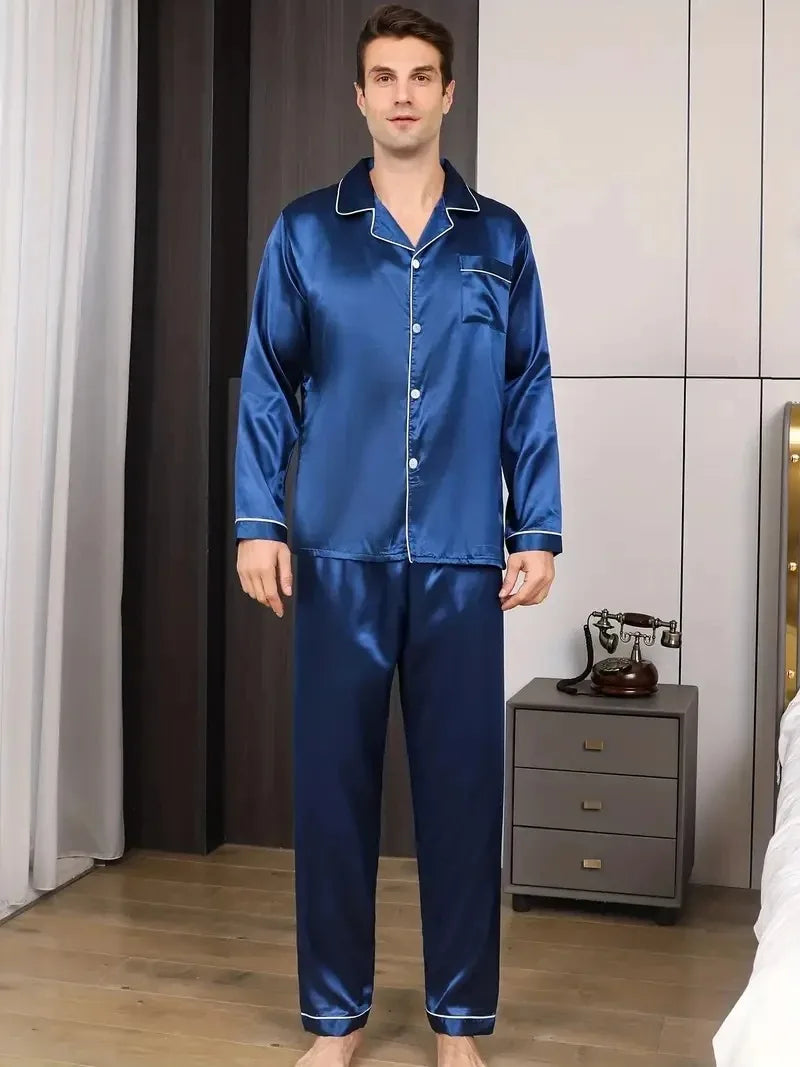 Men Fashion Pajamas Set Silk Satin Nightwear Big Size Spring Sleepwear .