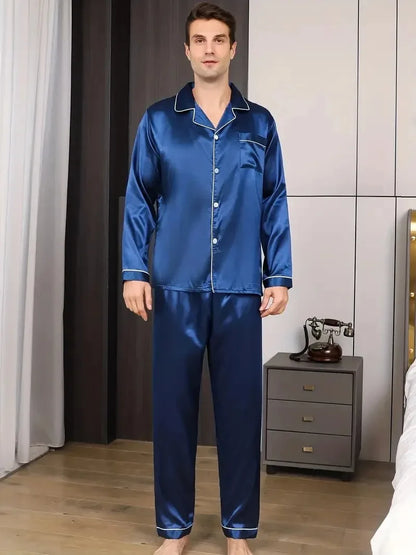 Men Fashion Pajamas Set Silk Satin Nightwear Big Size Spring Sleepwear .