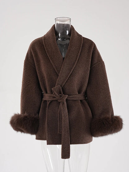 Luxe Office Lady Long Woolen Coat with Fur Trim 2025