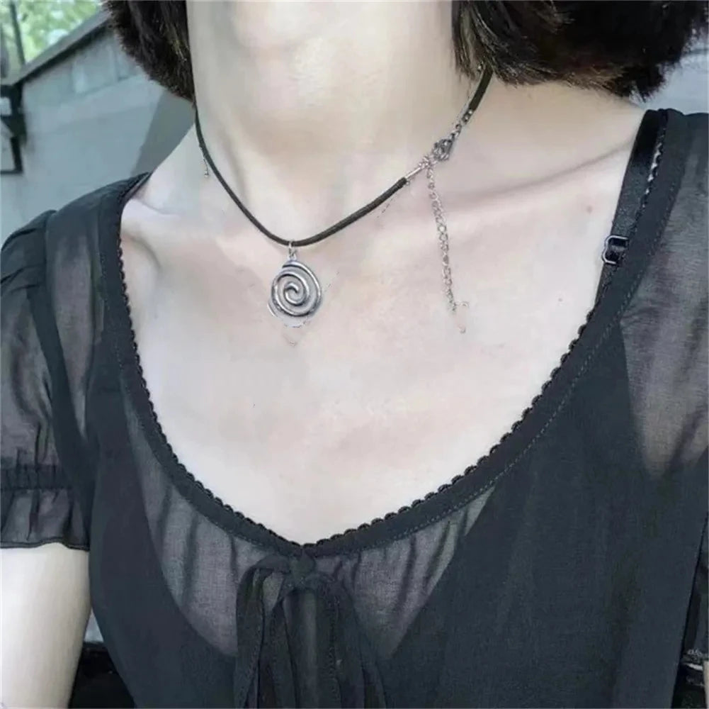 Vintage Spiral Vortex Pendant Hand-woven Leather Rope Necklace for Women