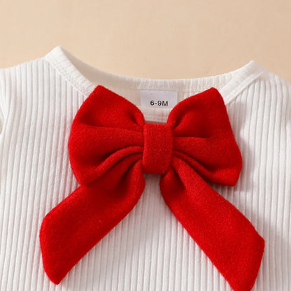 Baby Girls' New Year 2025 Clothing Set for 0-3 Years: Includes a Long-Sleeve Top with a Large Bow, an Irregular Skirt, and a Beret - 3-Piece Toddler Christmas Outfit.