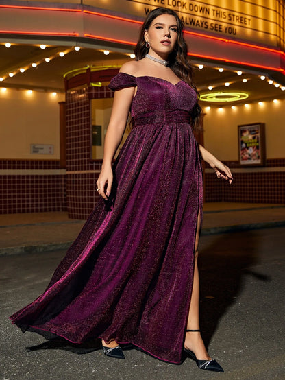 Magic plus-size short-sleeve A-line neck high-slit elegant woven evening gown, ball dress, party dress, bridesmaid dress.