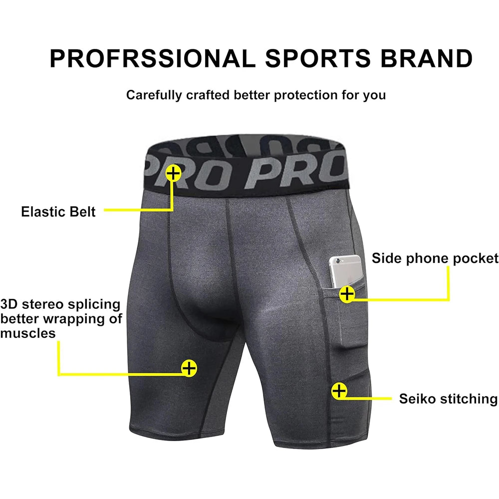 Mens Gym Shorts with Pockets Workout Compression Leggings for Men Polyester Boxer Briefs Running & Basketball .