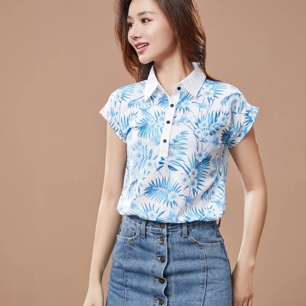 Chiffon Blouses for Spring & Summer Style Short Sleeve Turn-down Collar Printed