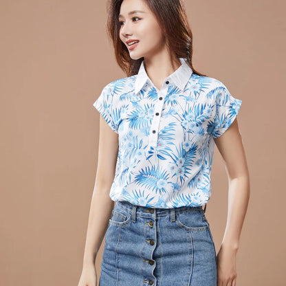 Chiffon Blouses for Spring & Summer Style Short Sleeve Turn-down Collar Printed