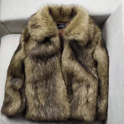 Men's Winter Short, Thick, Warm, Hairy, Shaggy Faux Raccoon Fur Coat with Long Sleeves - High-Quality Luxury Fluffy Jacket 2025