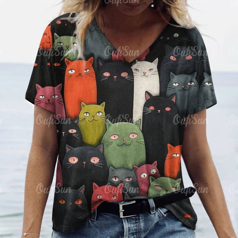 teen and young mom lovely cat T. shirt Cat Print Casual Short Sleeve Crew Neck  Female Oversized Clothing