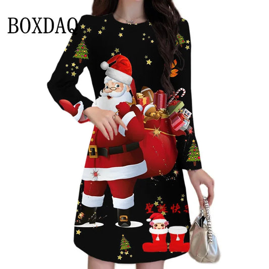 Cartoon Cute Print Women Dress Long Sleeve Santa Claus Pattern Christmas Dress Autumn Winter Casual Party Mini Dresses Plus Size