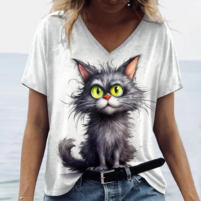 teen and young mom lovely cat T. shirt Cat Print Casual Short Sleeve Crew Neck  Female Oversized Clothing