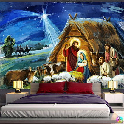 Christian  Scene Tapestry Jesus Birth Manger Barn Wall Hanging Angel Easter Christmas Wall Decor Christ Tapestries Room Decoration