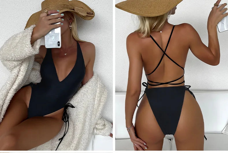 Fashion Swimwear Pool &  Beach Bandage Bathing Deep V Neck One Piece Women Swimsuit