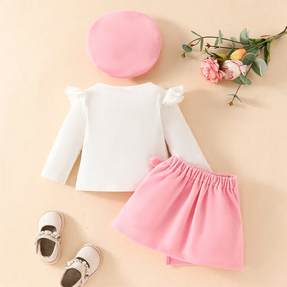 Baby Girls' New Year 2025 Clothing Set for 0-3 Years: Includes a Long-Sleeve Top with a Large Bow, an Irregular Skirt, and a Beret - 3-Piece Toddler Christmas Outfit.