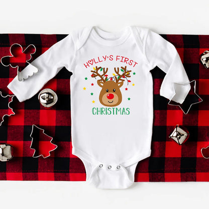 Personalized Baby's First Christmas Bodysuits, Custom Name Newborn Jumpsuit for Boys and Girls, Long Sleeve Xmas Party Clothes for Infants