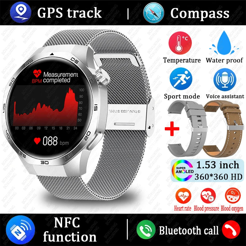 Huawei Xiaomi 2025 GT5 Pro Men Smart Watch AMOLED HD Screen GPS NFC Heart Rate Bluetooth Call IP68 (Waterproof )