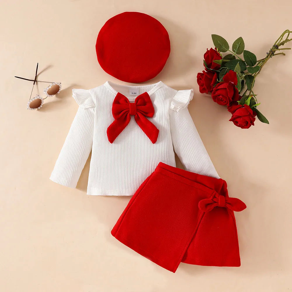 Baby Girls' New Year 2025 Clothing Set for 0-3 Years: Includes a Long-Sleeve Top with a Large Bow, an Irregular Skirt, and a Beret - 3-Piece Toddler Christmas Outfit.