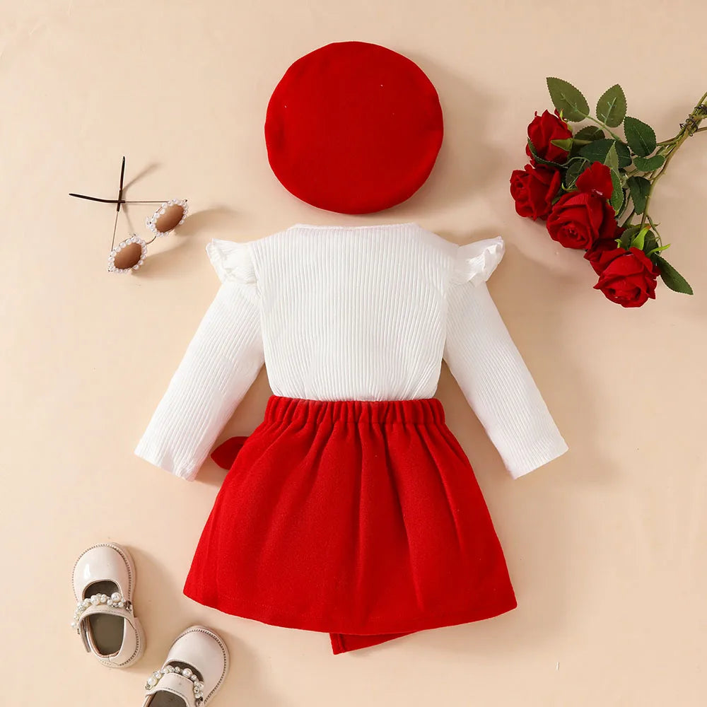 Baby Girls' New Year 2025 Clothing Set for 0-3 Years: Includes a Long-Sleeve Top with a Large Bow, an Irregular Skirt, and a Beret - 3-Piece Toddler Christmas Outfit.