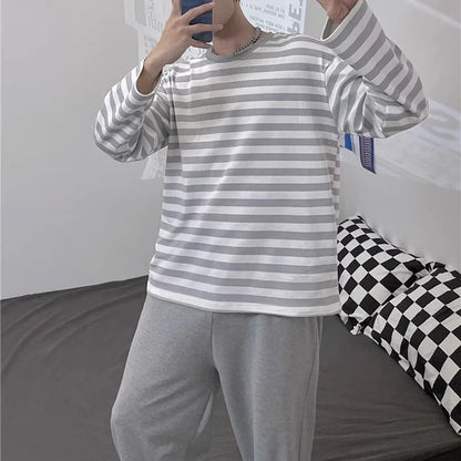 Cotton Men Pajamas Plus Size Autumn and Winter Striped Long-Sleeved Trousers 2 Piece Set Sleepwear