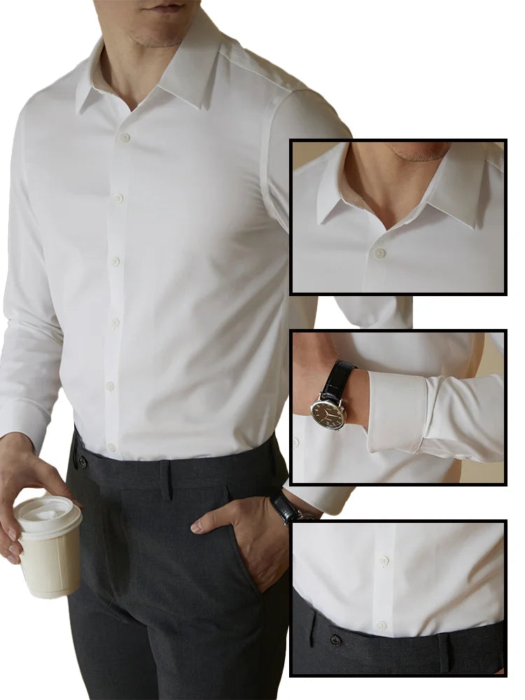 Men  Fit Cotton Solid Color Shirt Smart Casual Long Sleeve Formal Shirt