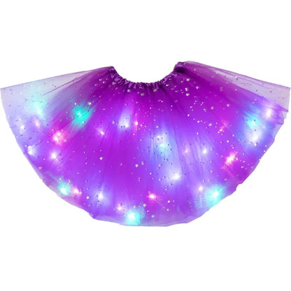 LED Glowing Light Girls Tulle Star Short Tutu Skirt Children Fancy Ballet Dancewear Party Costume Ball Gown Mini Skirt