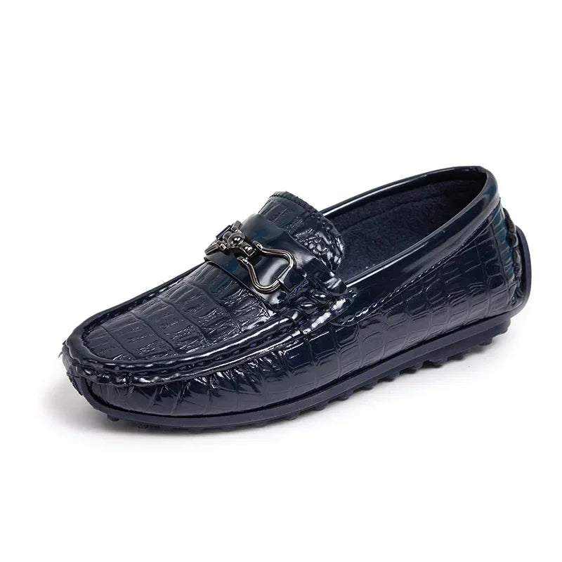 Boys Leather Shoes Round-toe Flat Soft Kids Fashion Casual Loafers Glossy Metal Buckle Children