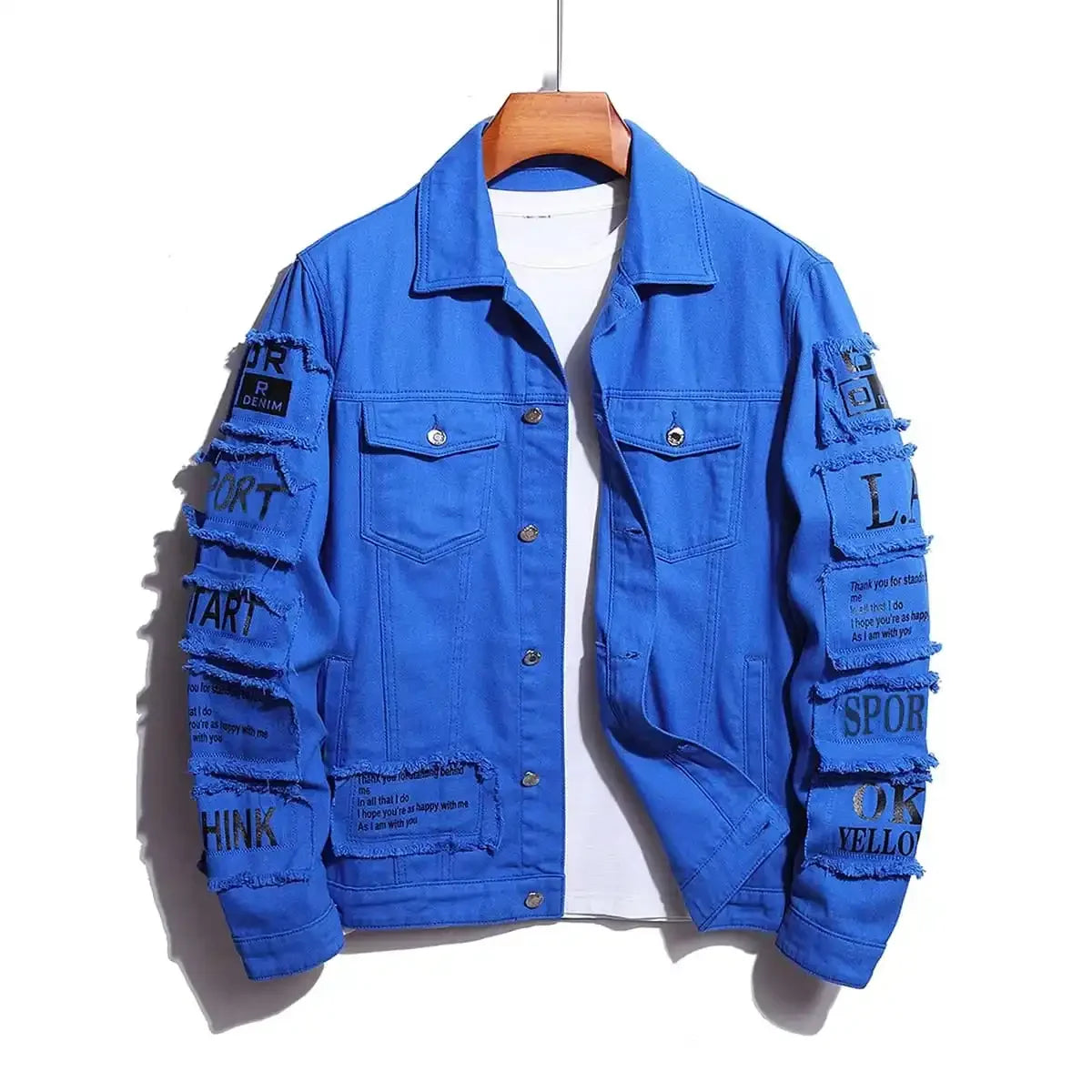 Men's Y2K denim jacket featuring jeans-style clothing patches, a windbreaker design, stretchy cotton fabric, and a trucker style. This cowboy letter-themed designer jacket is a fashionable choice for men.