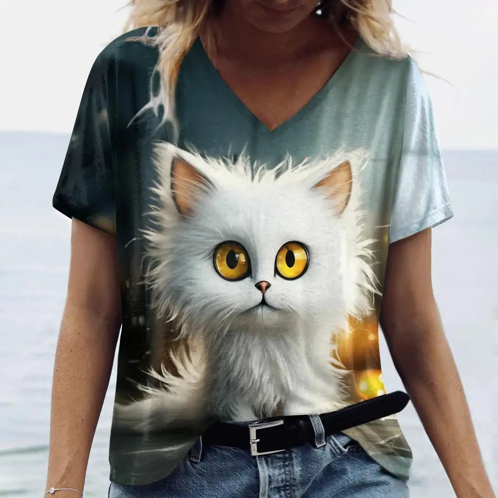 teen and young mom lovely cat T. shirt Cat Print Casual Short Sleeve Crew Neck  Female Oversized Clothing