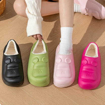 Cute Candy Color Bear Womens Warm Slippers Winter Plush Warm House Waterproof Slippers Women Thick Bottom Slip On Cotton Slides