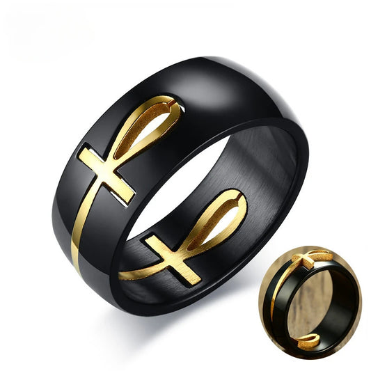 Egyptian Cross Ring for Man and women Black Gold Color Stainless Steel