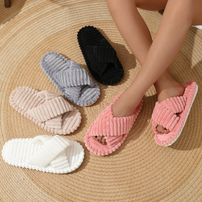 Corduroy Flat Home Slippers for Women 2024 Fashion Cross Band Warm Plush Slides Woman Indoor Lightweight Soft Sole Cotton Shoes