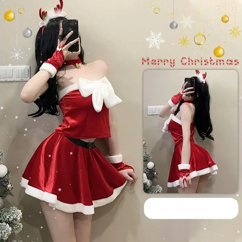 [You're My Secret] Christmas Skirt Suit for Women - Xmas Party Dress-Up, Sexy Carnival Ensemble, Red Santa Claus Cosplay Costume for Adults