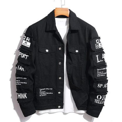 Men's Y2K denim jacket featuring jeans-style clothing patches, a windbreaker design, stretchy cotton fabric, and a trucker style. This cowboy letter-themed designer jacket is a fashionable choice for men.