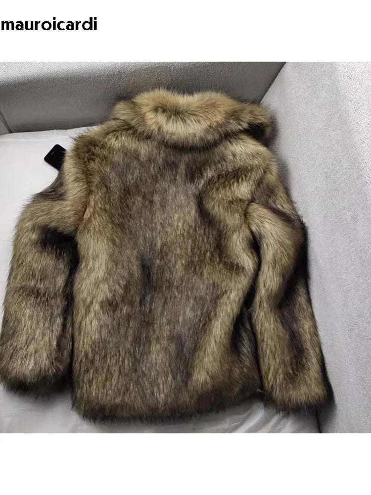 Men's Winter Short, Thick, Warm, Hairy, Shaggy Faux Raccoon Fur Coat with Long Sleeves - High-Quality Luxury Fluffy Jacket 2025