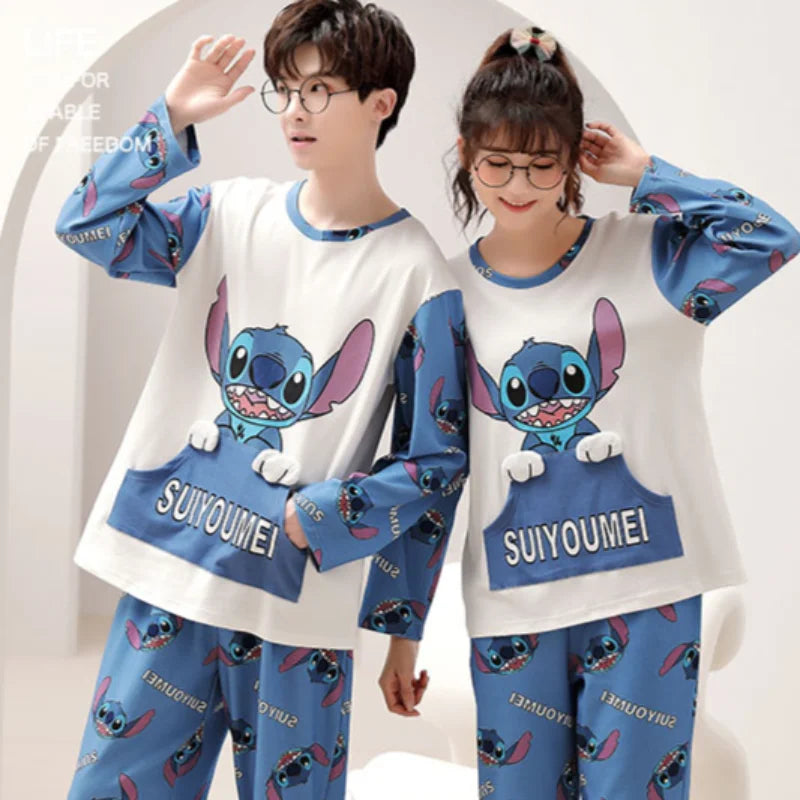 Cartoon Disney couple pajamas men's/women's pure cotton Stitch autumn two-piece set Stitch women and man pajamas home wear