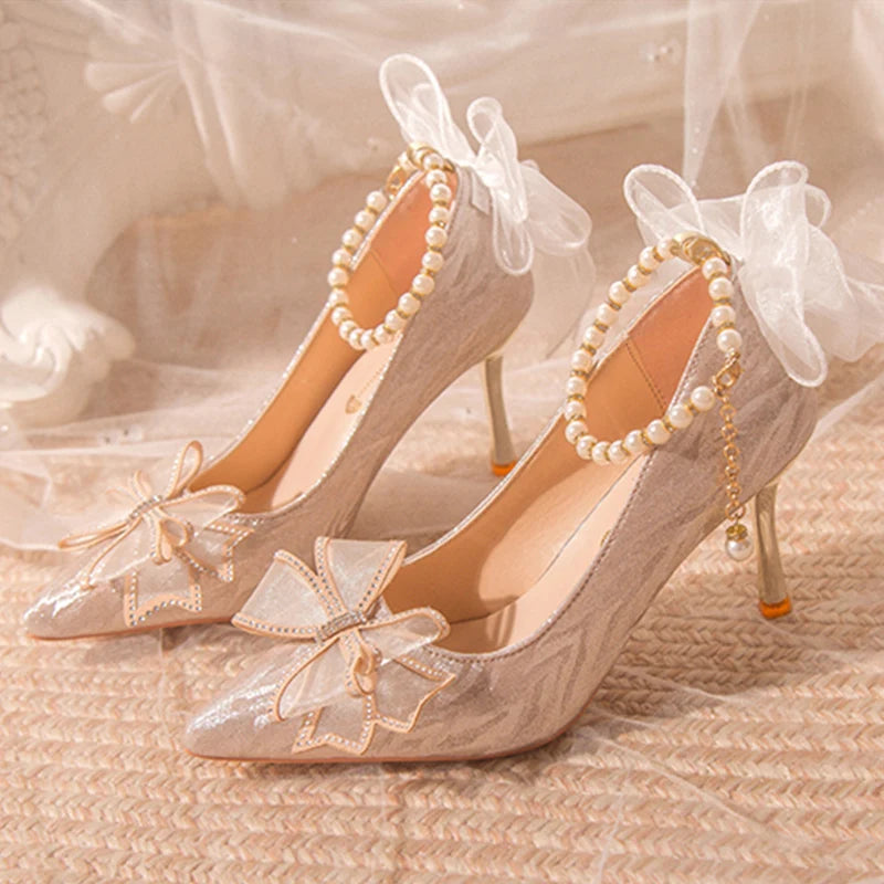 Shimmering Steps: Women's 2025 Pearl Bow Heels